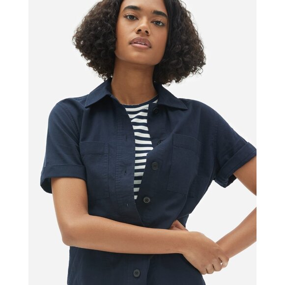 Everlane The Cotton Weave Romper Short Sleeve Pockets Navy Blue Size 00 - Picture 2 of 7